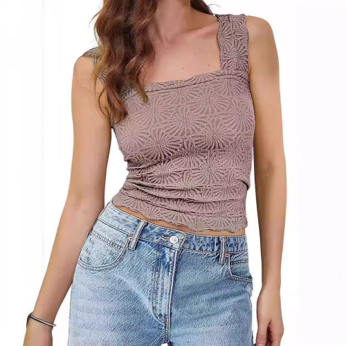 Cross-border foreign trade summer European and American clothing tops high elastic tight jacquard square collar sleeveless vest women's tops