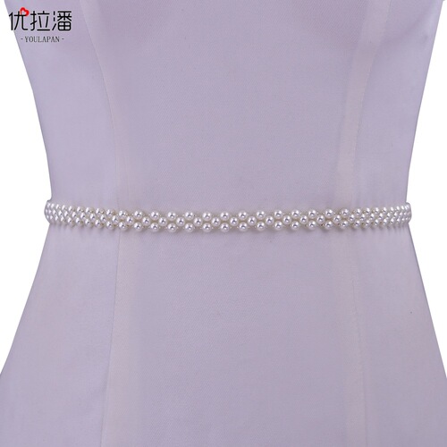 Ulapan Women's Pearl Waist Chain Girdle Wedding Dress Decorated with Chiffon Tie European and American Fine Belt S34