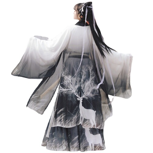 Tang Dynasty Hanfu White black gradient hanfu Fairy dress for women  Chinese wind waist Ru skirt big sleeve unlined upper kimono dress garment