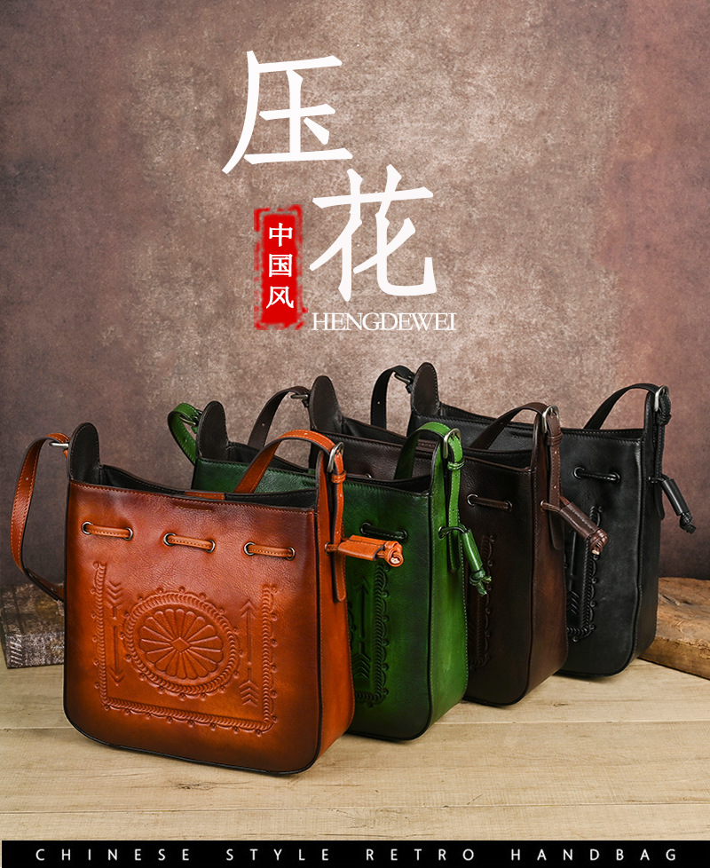 Túi tote da bò cổ điển phong cách vintage, đáy rộng, dung tích lớn, quai đeo vai — Màu xanh lá cây chi tiết 2