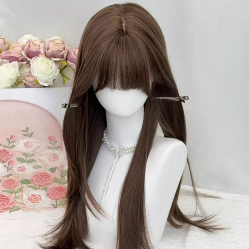 【Small Face Tea Brown】Koni Damenperücke in kühlem Braun, lange glatte Haare mit Pony, Vollkopfperücke empfohlen