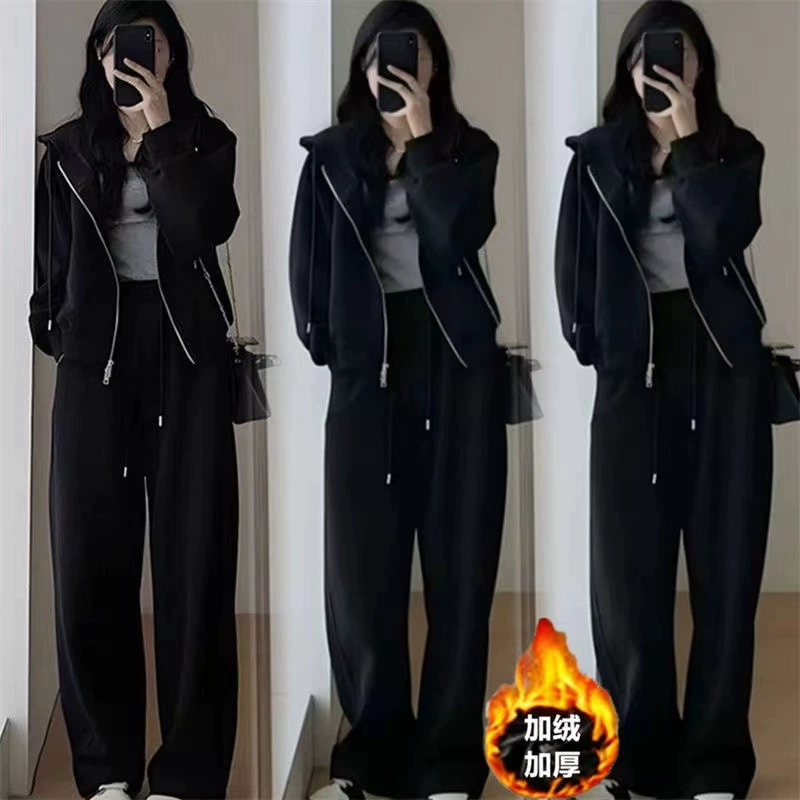 Европейский плюшевый толстый спортивный костюм женский зимний свиток из двух частей свободный модный стиль брюки с длинными рукавами