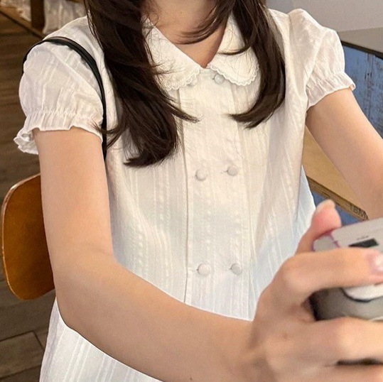 Homemade Double-Row Button Jacquard/Puff Lace Doll Collar Shirt for Women, Summer Short-Sleeve Top