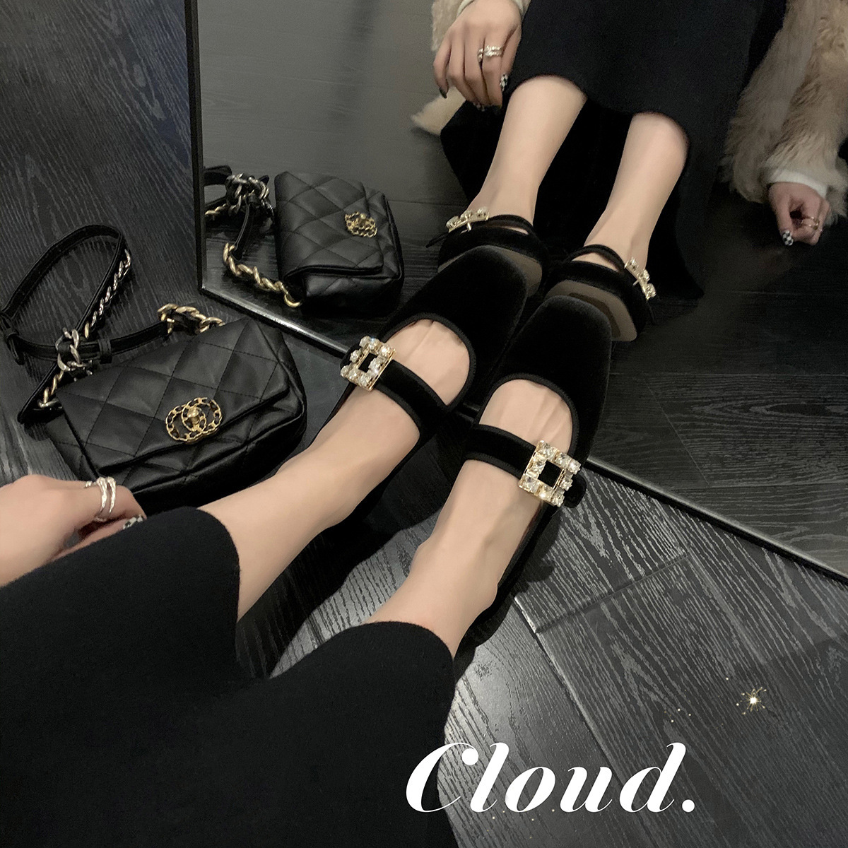 French-Style Commuting Spring and Summer Rhinestone Square Buckle Flat-Soled Chunky Heel Mary Jane Shoes for Women in Retro Style