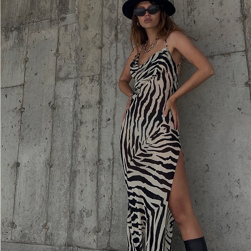 Women's Zebra Print High Slit Dress See-through Tie Waist Sexy Vacation Style Clothing for Fall Fashion 2024_ecoleips.com