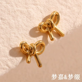 欧美热卖跨境简约复古时尚饰品不锈钢镀18K金铸造光面蝴蝶结耳钉