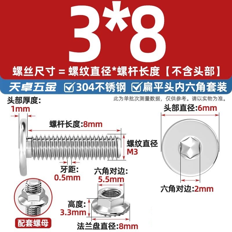 304不锈钢CM大平头超薄头C头扁平头内六角螺丝钉法兰边螺母套装M5|undefined