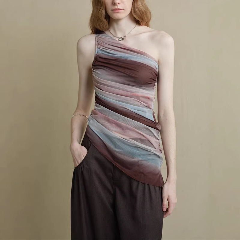 Someone Sometimes Artistic Smudged Mesh Breathable Skin-Friendly One-Shoulder Top Short-Sleeved Women's Top