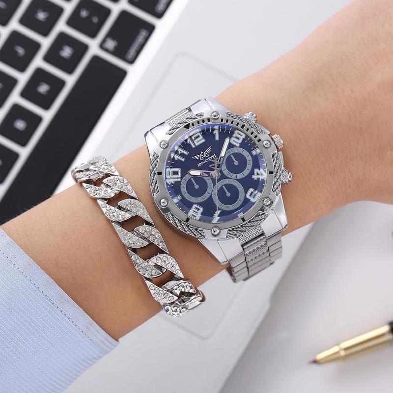 Comercio exterior moda de negocios relojes de hombre falsos tres ojos atmósfera reloj de correa de acero para hombres + pulsera hip-hop dos piezas conjunto de relojes de pulsera image 4