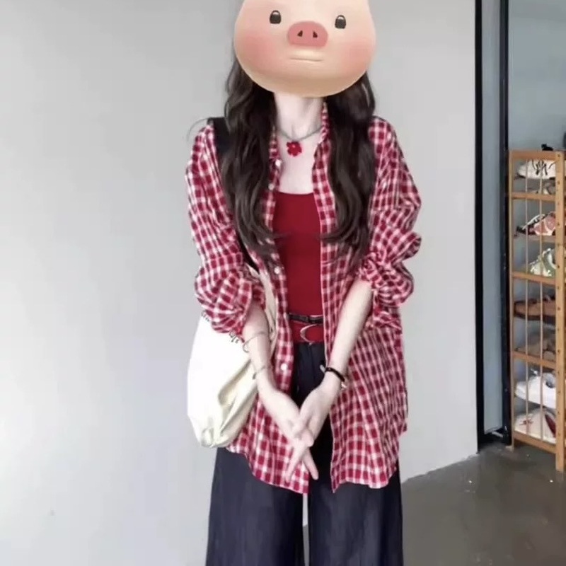 韩系复古红色格子衬衫外套女夏季新款松弛感休闲衬衣宽松防晒上衣|undefined