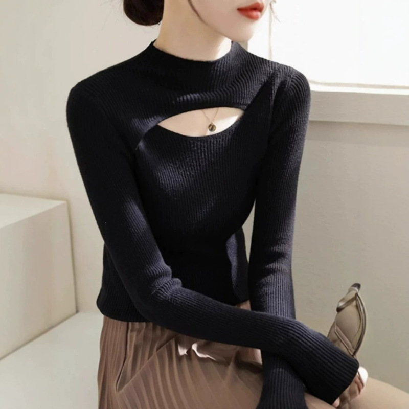 Half-high collar hollow-out knit top for women, stylish autumn and winter inner layer, mid-collar sweater with a high-end look, super attractive top