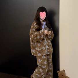 胖斤大码美拉德立领拉链珊瑚绒睡衣套装冬季新款保暖家居服