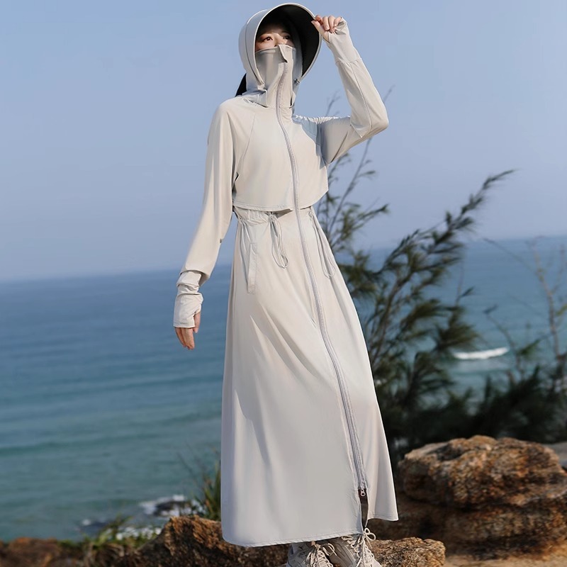 長い日焼け止め服の女性2025夏の新型紫外線防止氷の薄いタイプの通気性は腰の日焼け止め服のコートを収めます。|undefined