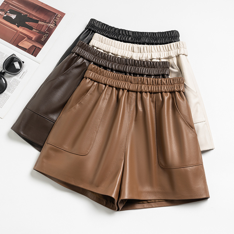 Genuine Leather Shorts for Women, Sheepskin, 2026 Spring and Autumn New Style, Elastic Waist, Versatile, Loose Fit, Slimming Wide-Leg Leather Pants, Casual Pants