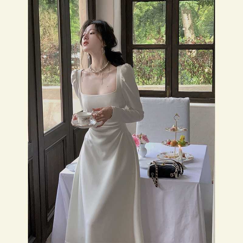 Early Autumn New 2025 High-End Chic Stunning Unique White French Women's Square-Neck Dress