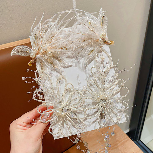 Children's hair accessories pearl feather tassel hair clip runway hair pin bride wedding headpiece New Year performance high-end accessories