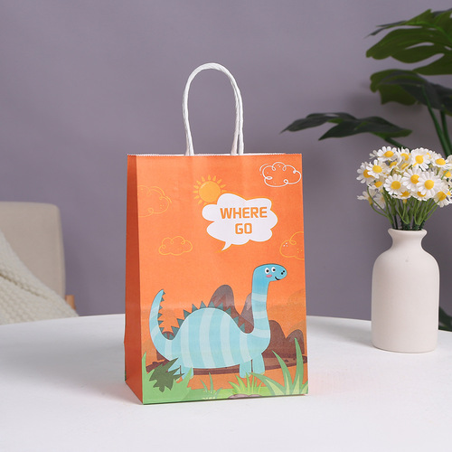Amazon Exclusive Cartoon Gift Bag Cute Small Dinosaur Colored Kraft Paper Handbag Party Gift Paper Bag