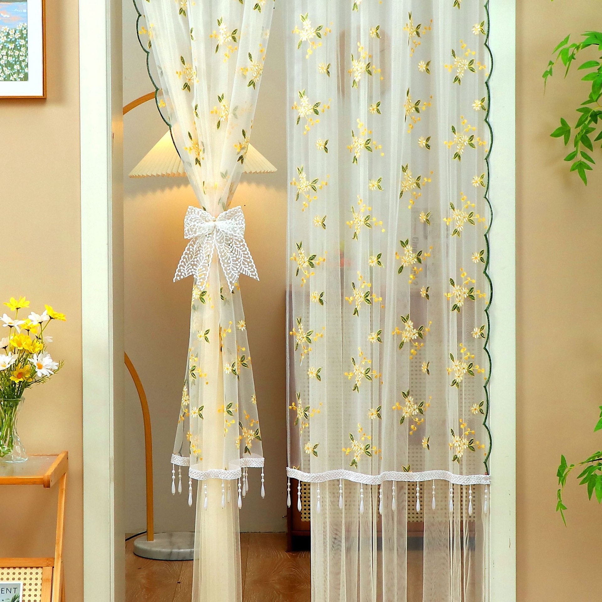Lace embroidered door curtain, bedroom partition curtain, bathroom privacy curtain, universal hanging bead sheer curtain, double-door mosquito and insect-proof curtain