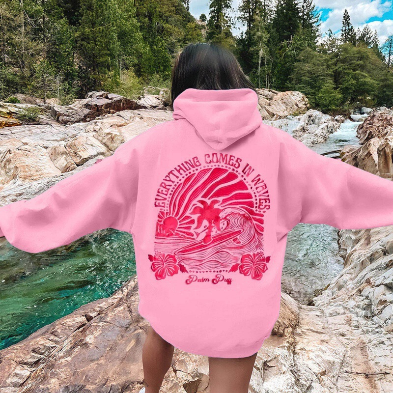 New Version of Cross-Border European Size Women's Dropped Shoulder Sleeves Threaded Chasing Sunsets Printed Loose Sweatshirt Hoodie New Version of Cross-Border European Size Women's Dropped Shoulder Sleeves Threaded Chasing Sunsets Printed Loose Sweatshirt Hoodie