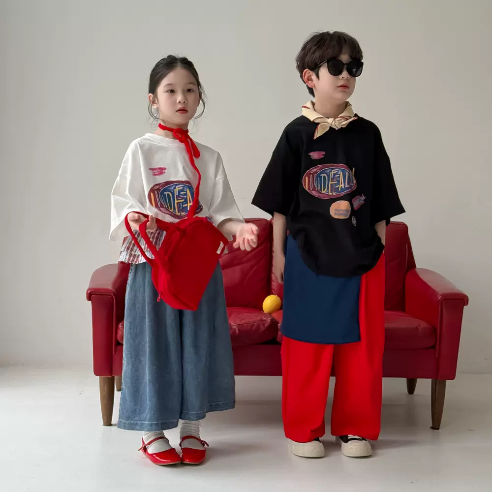 童T恤2025夏季男女童韩版卡通字母印花短袖儿童圆领休闲宽松上衣