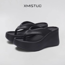 跨境新款夏季厚底人字拖女外穿夹脚坡跟增高松糕舒适网红拖鞋