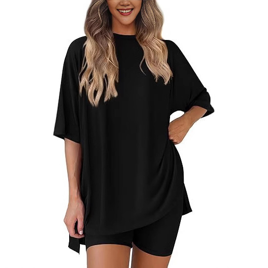 Cross-border foreign trade Amazon 2025 new women's casual round neck split loose shorts short sleeve home clothes suit Cross-border foreign trade Amazon 2025 new women's casual round neck split loose shorts short sleeve home clothes suit