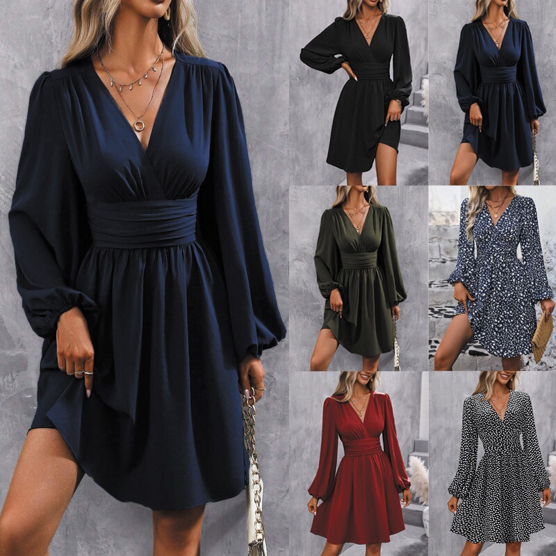 New Autumn and Winter Style Dress with Diagonal Collar, Lantern Sleeves, and Pleated Waist New Autumn and Winter Style Dress with Diagonal Collar, Lantern Sleeves, and Pleated Waist