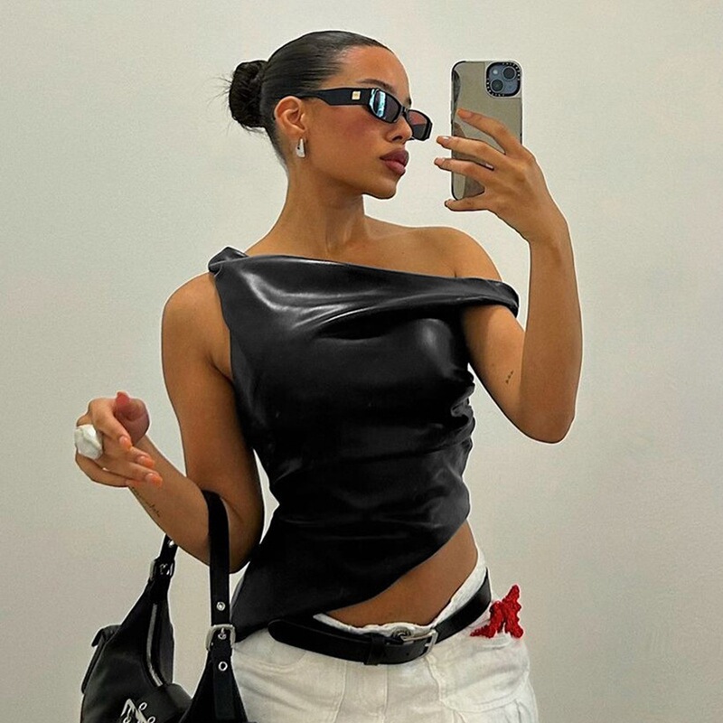 Cross-border European and American-style sleeveless vest 2024 new leather diagonal shoulder personalized fashion irregular top women's clothing Cross-border European and American-style sleeveless vest 2024 new leather diagonal shoulder personalized fashion irregular top women's clothing