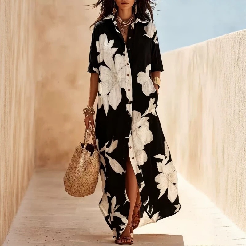 2026 new collection: European and American style printed long-sleeved dress with a slit, loose fit, and a turn-down collar, perfect for vacations and beach outings 2026 new collection: European and American style printed long-sleeved dress with a slit, loose fit, and a turn-down collar, perfect for vacations and beach outings