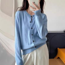 高密100%纯棉圆领经典小开衫上衣2025春秋外搭针织衫天蓝色毛衣女