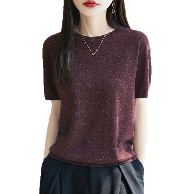 カラフルなヌイジイカラフルなスプレーポイント糸ワンライン既製服シームレスニット半袖ウールブレンドトップ|undefined