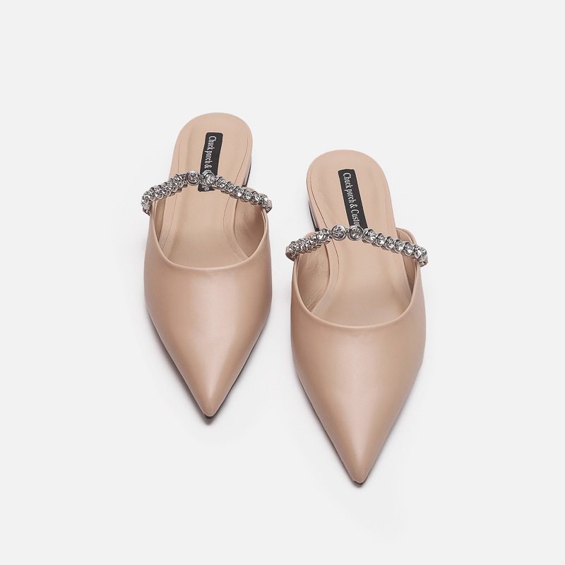 Silver Gemstone Chain Pointed Toe Mules For Women Elegant Flats_voghion.com