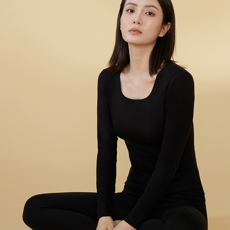 (2개) 스퀘어 칼라 얇은 기모 열 속옷 여성 세트 가을과 겨울 추적없는 벨벳 난방베이스 항균 가을 옷과 바지