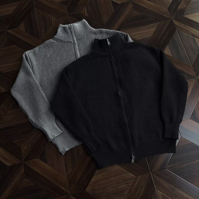Double Zipper Half Turtleneck Cardigan Knitwear Autumn and Winter Thick Knitwear Jacket Men's Pure Color Thick Knitwear