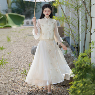 2025 Summer New Chinese Style Tang Suit Stand Collar Button Heavy Embroidery Top Modified Retro Skirt Suit
