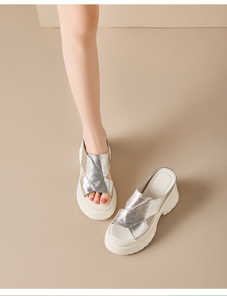 Dép sandal nữ quai ngang đế dày da thật tăng chiều cao — màu đen, màu trắng ngà, bạc chi tiết 13