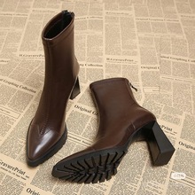 真皮女款秋冬裸靴小个子增高棕色厚底羊皮短靴尖头法式真皮瘦瘦靴