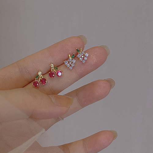Cherry Earrings Women's Summer Fruit Series Earrings  New Trendy Cute Compact Strawberry Grape Earrings