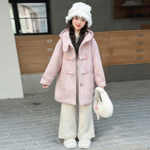 女童秋冬装外套2025新款儿童女孩冬季加厚中长款粉色连帽毛呢大衣