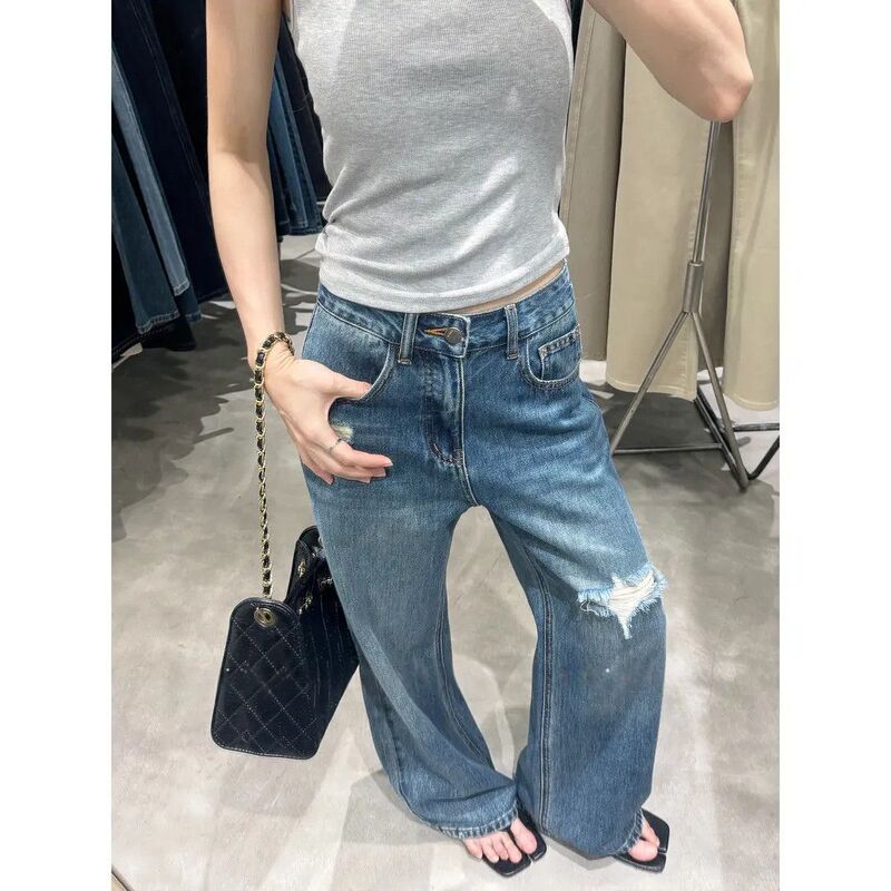 2026 Summer New Fashion Retro Washed Dark Blue Jeans with Knee Holes, Thin Slim Fit Versatile Long Pants for Women 2026 Summer New Fashion Retro Washed Dark Blue Jeans with Knee Holes, Thin Slim Fit Versatile Long Pants for Women