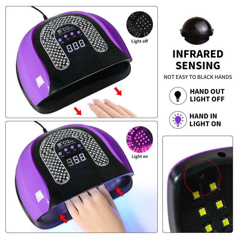 Lámpara de uñas Diamante creativo 256W Lámpara de fototerapia inteligente de alta potencia Luz UV Aceite de uñas de secado rápido Lámpara para hornear Lámpara transfronteriza