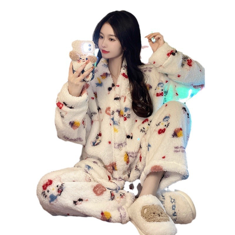 INS JAPANESE-KOREAN STYLE PAJAMAS 여성의 가을 및 겨울 새로운 기모노 카디건 세트 산호 양털 두꺼운 따뜻한 부드러운 소녀 홈 옷