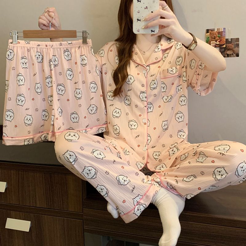 Comercio exterior transfronterizo Japón chikawa tela arrugada traje de tres piezas pantalones cortos de manga corta pijamas suaves traje de servicio a domicilio para mujer