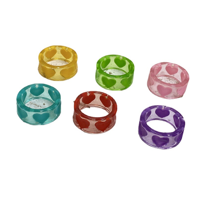 Nueva Corea del Sur ins estilo dulce chica corazón hecho a mano aceite goteo pintado a mano amor anillo transparente macaron color anillo