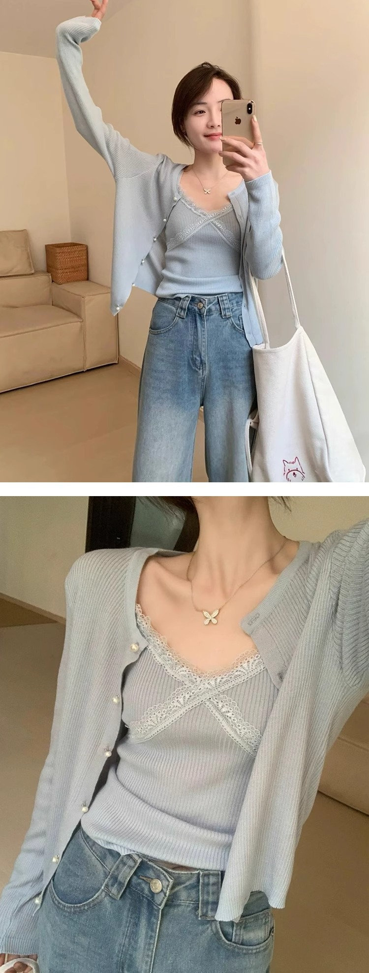 东莞市大朗秋季新款女装蕾丝吊带开衫两件套内搭毛衣针织打底上衣详情4