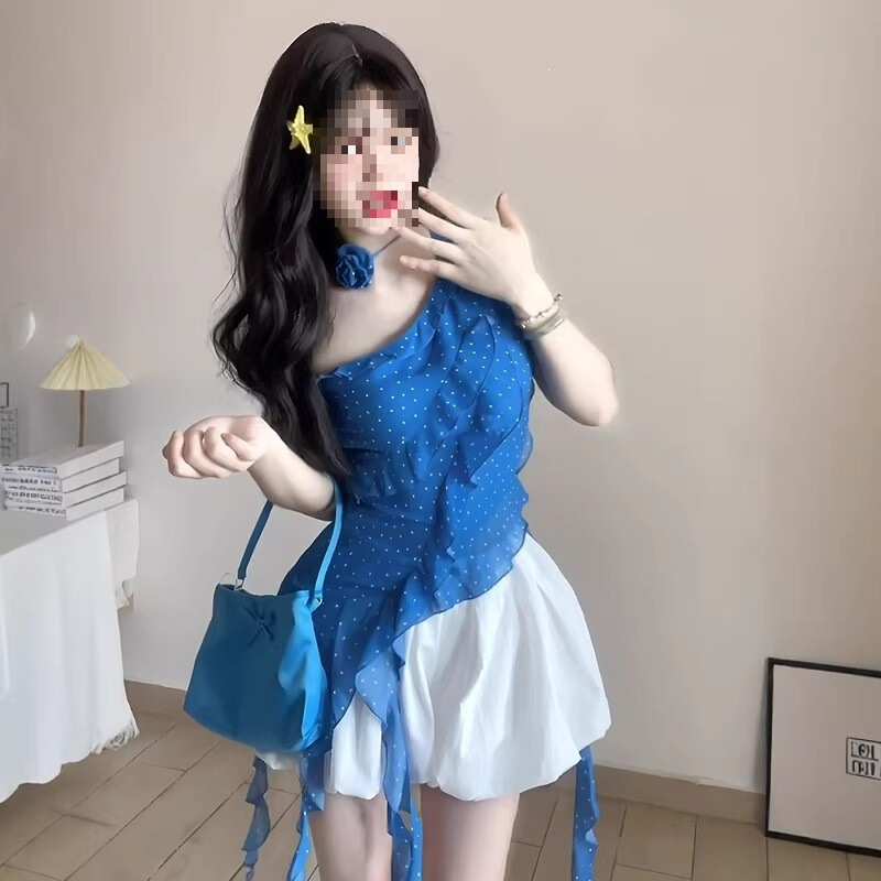 Pure Desire Ruffled Edge Ribbon Blue Polka Dot Asymmetrical Shoulder Vest for Women Summer Outerwear Irregular Hot Girl Slim Fit Sleeveless Top Pure Desire Ruffled Edge Ribbon Blue Polka Dot Asymmetrical Shoulder Vest for Women Summer Outerwear Irregular Hot Girl Slim Fit Sleeveless Top