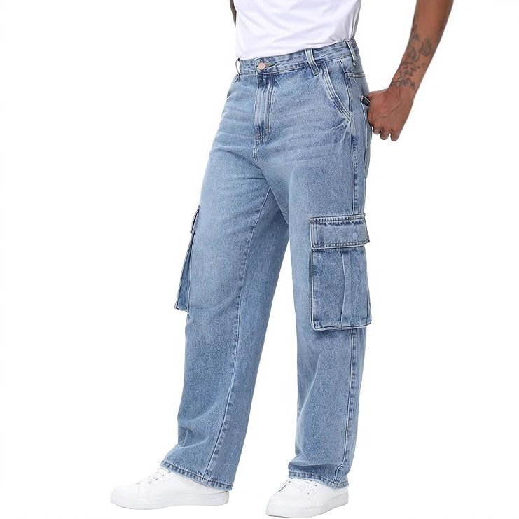 Jeans Rectos con Múltiples Bolsillos para Hombre, Mezcla de Algodón, Elásticos, Corte Holgado, para Uso Diario