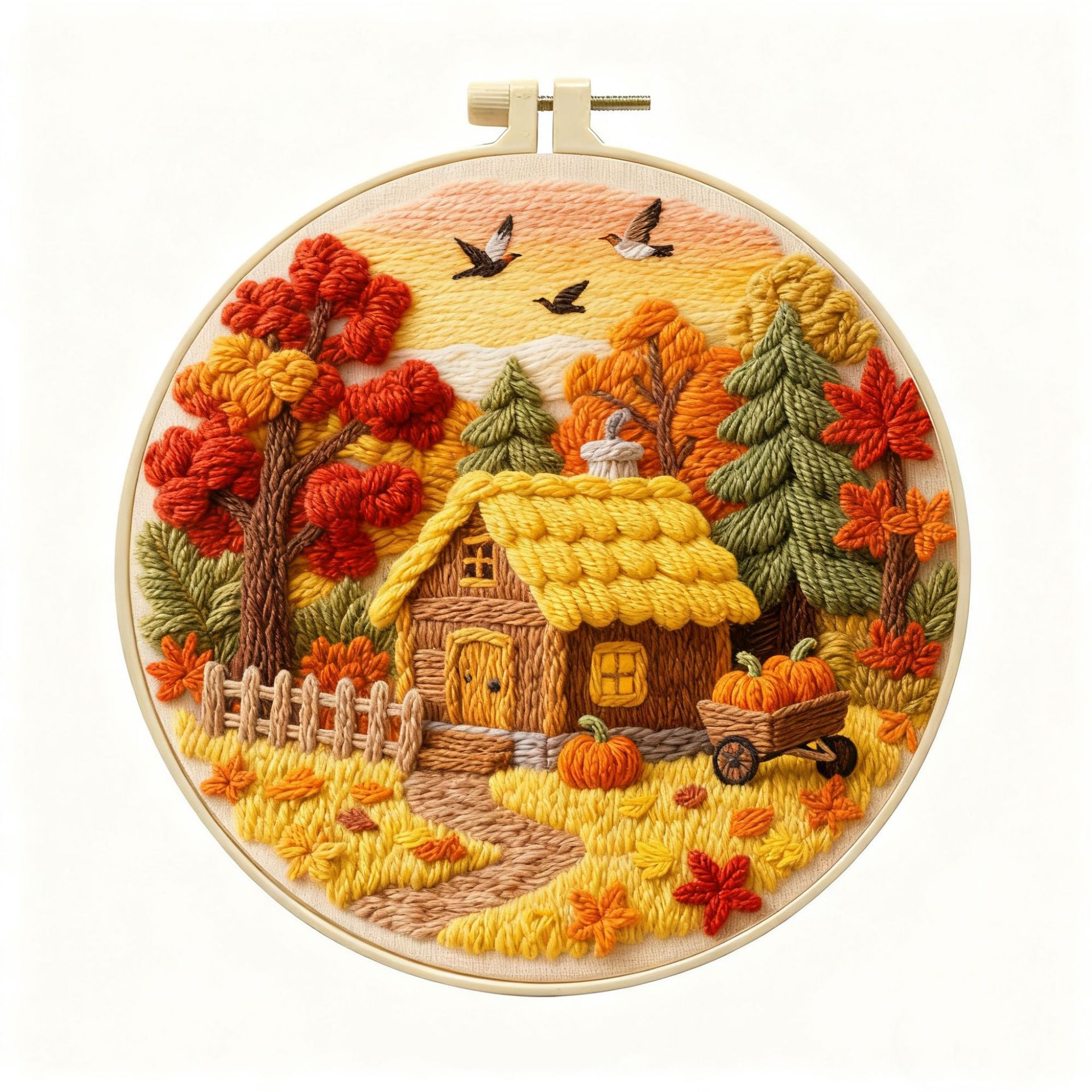 2025 nuevos productos transfronterizos paquetes de materiales de bordado DIY otoño cabina hermoso paisaje fabricante de kits de bordado al por mayor