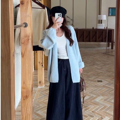 韩系慵懒风肌理感软糯长袖毛衣外套女早秋季显瘦百搭针织开衫上衣|undefined