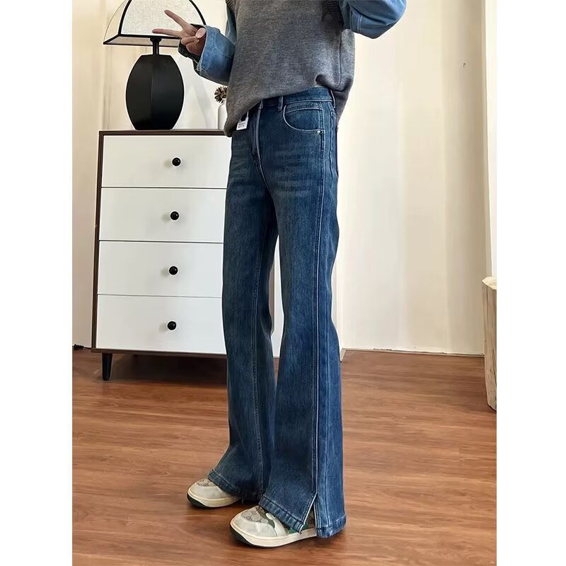 plus size Split Micro-Lar Jeans Women's Spring chubby girl Pear-shaped Figure American Style Retro Straight-tube Wide-leg Horseshoe Pants